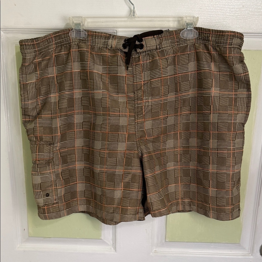 (1669) Men's Checkered Swim Board Shorts - Brown, Size: XL